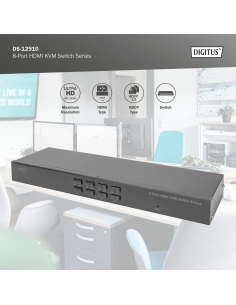 
DS-12910 DIGITUS - Conmutador KVM HDMI de 8 puertos Single View. La consola soporta interfaces USB tipo A para teclado y rató