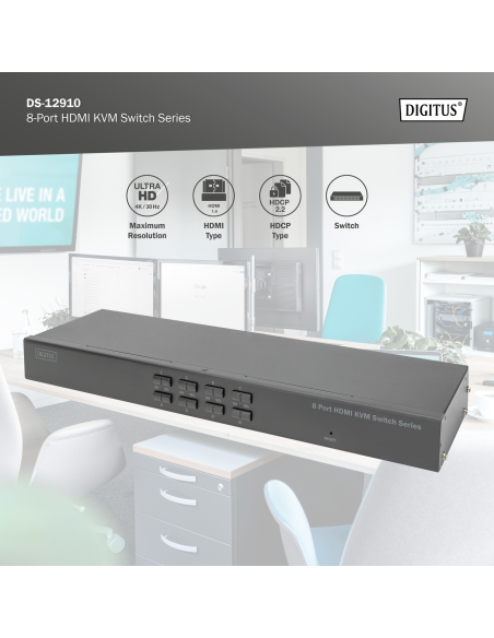 
DS-12910 DIGITUS - Conmutador KVM HDMI de 8 puertos Single View. La consola soporta interfaces USB tipo A para teclado y rató