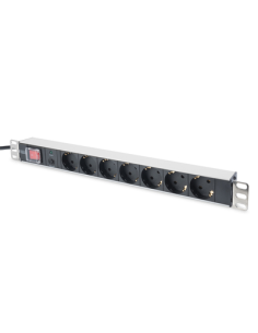 Regleta Aluminio Rack 19"  7 Schuko, Entrada Schuko CEE 7/7 16A 2m 1U Con Interruptor y Proteccion Sobrecarga DIGITUS