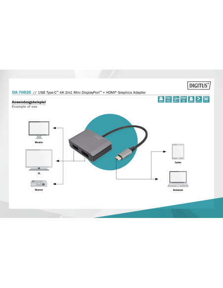 
DA-70826 DIGITUS - Adaptador USB C a DisplayPort Hembra y HDMI Hembra 0.20 metros  Digitus