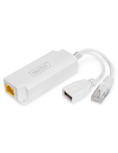 
DN-95208 El divisor PoE suministra una corriente de 5 VCC, 2,5 A (máx.) a través de un conector hembra USB-A y transmite dato