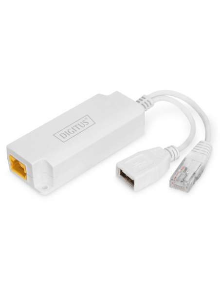 
DN-95208 El divisor PoE suministra una corriente de 5 VCC, 2,5 A (máx.) a través de un conector hembra USB-A y transmite dato