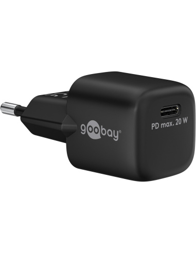 
65403 Cargador  20W USB 1 puert. USB-C Negro GAN PD Salida Lateral Tamaño Nano Goobay