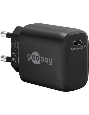 
65405 Cargador  20W USB 1 puert. USB-C Negro GAN FC PD Salida Lateral Goobay