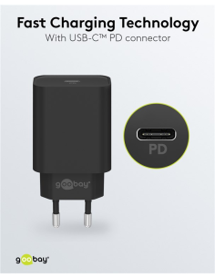 
61742 Cargador  45W USB 1 puert. USB-C Negro PD Salida Lateral Tamaño Goobay