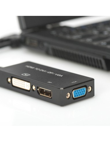 AK-330403-002-S  Convertidor de HDMI a DP+DVI+VGA, M-F/F/F, 0,2m, Negro Digitius