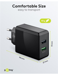 
44956  Cargador  28W USB 2 puert.  USB-A Negro QC3.0 Salida Lateral Goobay