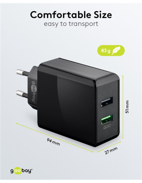 
44956  Cargador  28W USB 2 puert.  USB-A Negro QC3.0 Salida Lateral Goobay