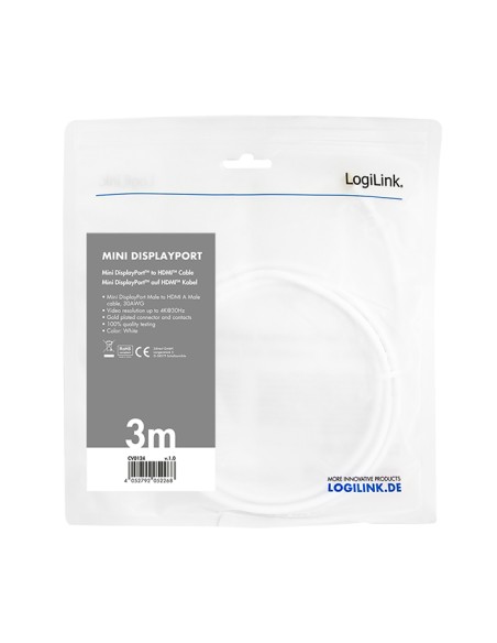 
CV0124 LOGILINK - Cable Mini DisplayPort/HDMI  3m 4K 30Hz   Blanco Logilink