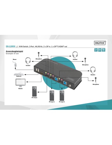 
DS-12850 DIGITUS - Conmutador KVM  2 puertos 2 DP in, 1 DP/HDMI out 4K60Hz