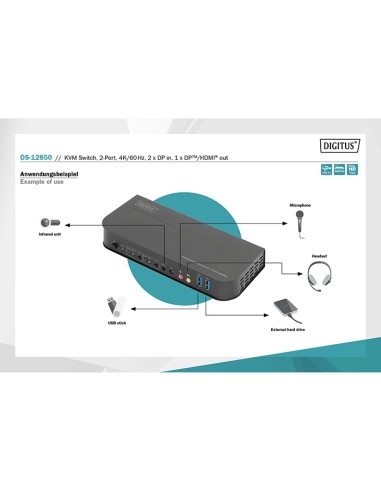 
DS-12850 DIGITUS - Conmutador KVM  2 puertos 2 DP in, 1 DP/HDMI out 4K60Hz