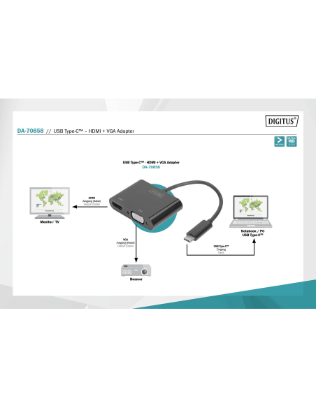 
DA-70858 DIGITUS - Adaptador USB C a HDMI y VGA 0.15 metros  Digitus