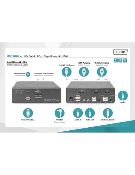 
DS-12870 DIGITUS - Conmutador KVM  2 puertos HDMI-USB-Audio-HUB USB 2.0 Digitus