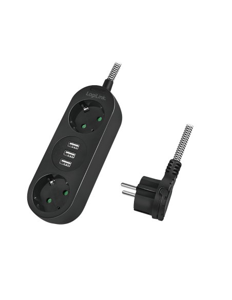 
LPS262U LOGILINK - Regleta de enchufes de 2 vías, 2x CEE 7/3 + 3x USB-A, cable textil, negro