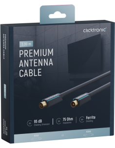 
70402 Cable de Antena de  3,0m Coaxial Macho a Coaxial Hembra <95 dB Negro Blister Carton Clicktronic