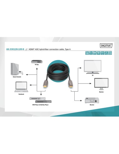 
AK-330126-300-S  DIGITUS - Cable HDMI A-A 30 metros Optico activo 8K 60Hz  48Gbps Digitus Cable AOC