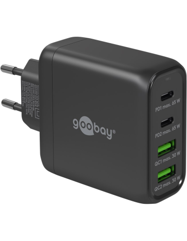 
64817 Cargador  68W USB 4 puert. 2 x USB-C 2 x USB-A Negro GAN PD QC3.0 Salida Lateral Goobay