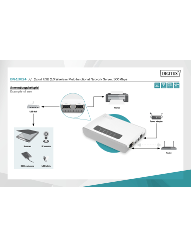 
DN-13024 DIGITUS - Servidor de red multifunción inalámbrico USB2.0 2 puertos