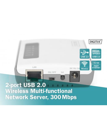 
DN-13024 DIGITUS - Servidor de red multifunción inalámbrico USB2.0 2 puertos