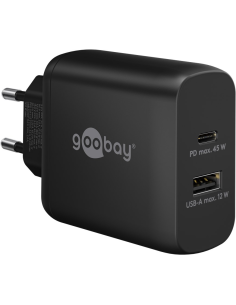 
65411 GOOBAY - Cargador  45W USB 2 puert. 1 x USB-C 1 x USB A Negro GAN PD Salida Lateral Goobay