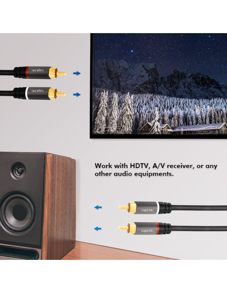 
CA1206 LOGILINK - Cable Audio, 2x RCA/M a 2x RCA/M, metal, Negro, 3 m. Con marca de conector RCA rojo / blanco (señal de audi