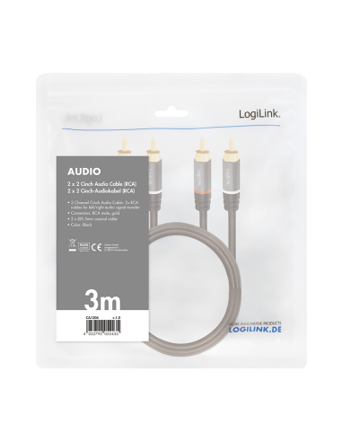 
CA1206 LOGILINK - Cable Audio, 2x RCA/M a 2x RCA/M, metal, Negro, 3 m. Con marca de conector RCA rojo / blanco (señal de audi