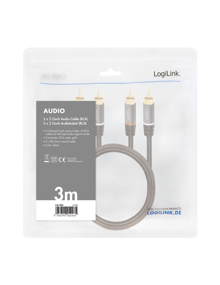 
CA1206 LOGILINK - Cable Audio, 2x RCA/M a 2x RCA/M, metal, Negro, 3 m. Con marca de conector RCA rojo / blanco (señal de audi