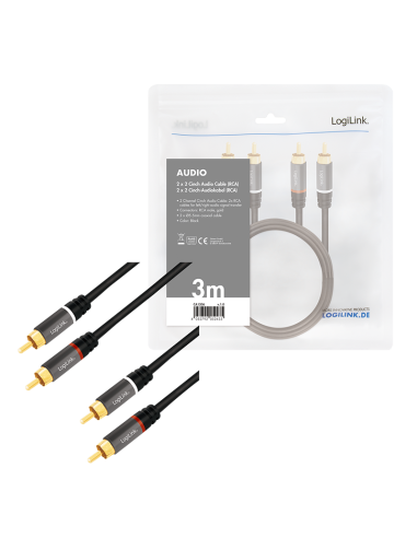 
CA1206 LOGILINK - Cable Audio, 2x RCA/M a 2x RCA/M, metal, Negro, 3 m. Con marca de conector RCA rojo / blanco (señal de audi