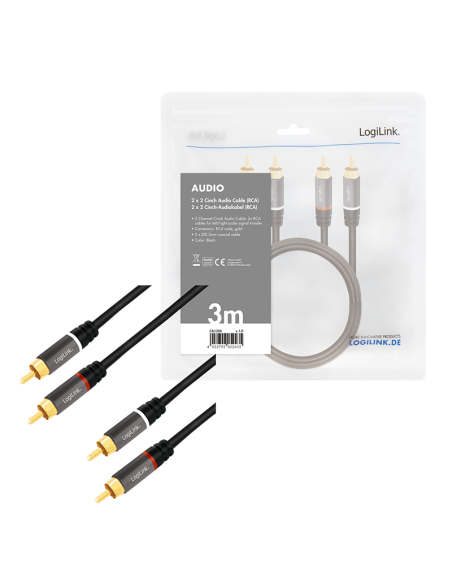 
CA1206 LOGILINK - Cable Audio, 2x RCA/M a 2x RCA/M, metal, Negro, 3 m. Con marca de conector RCA rojo / blanco (señal de audi
