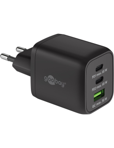 
64753 Cargador  65W USB 3 puert. 2 x USB-C 1 x USB-A Negro GAN PD QC3.0 Salida Lateral Tamaño Nano Goobay