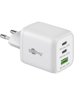 
64754  Cargador  65W USB 3 puert. 2 x USB-C 1 x USB-A Blanco GAN PD QC3.0 Salida Lateral Tamaño Nano Goobay
