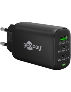
65407 Cargador  65W USB 3 puert. 2 x USB-C 1 x USB-A Negro GAN PD QC3.0 Salida Lateral Goobay
