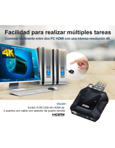 
CS22H ATEN - Switch KVM USB 4K HDMI de 2 puertos con cable. Switch KVM USB 4K HDMI de 2 puertos con cable con selector de pue
