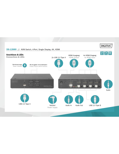 
DS-12880 Conmutador KVM  4 puertos HDMI-USB-Audio-HUB USB 2.0 Digitus
