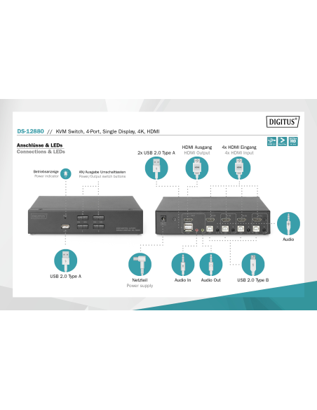 
DS-12880 Conmutador KVM  4 puertos HDMI-USB-Audio-HUB USB 2.0 Digitus