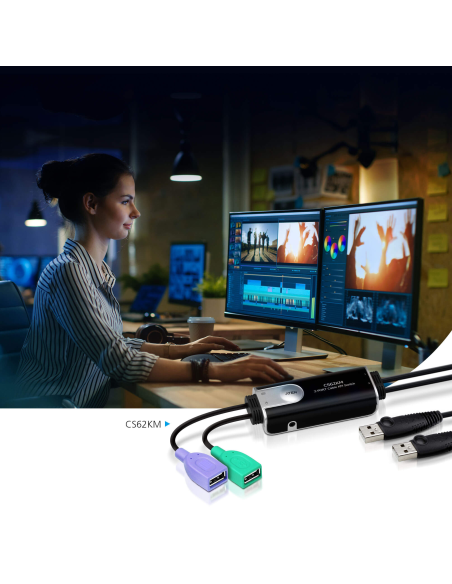 
CS62KM ATEN - Switch KM formato cable USB de 2 puertos con Boundless Switching. Con un solo teclado y ratón se pueden control
