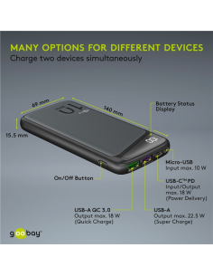 
53936  Bateria Externa Power Bank 10000, Negro USB C PD, QC 3.0