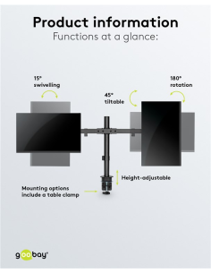 
59394 GOOBAY - Soporte 2 monitor 17"-32", 9Kg  S. Abrazadera, Acero, Negro, 45° inclinable, 15° Giratorio, 180° rotacion 2
