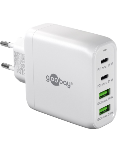 
64818 Cargador  68W USB 4 puert. 2 x USB-C 2 x USB-A Blanco GAN PD QC3.0 Salida Lateral Goobay