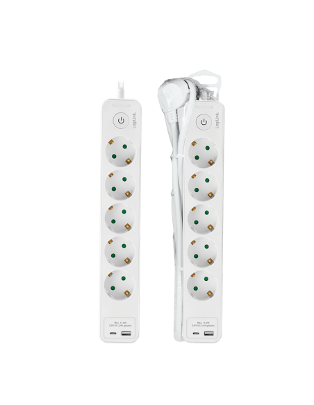 
LPS280U LOGILINK - Regleta de  5 tomas  + 2 USB, 1x USB-A, 1x USB-C, 1.5 m, Blanco Logilink