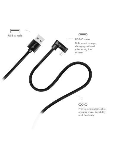 
CU0195 LOGILINK - Cable de  3,0m USB 2.0 0,48 Gbps  PD60W USB C Macho a USB-A Macho Negro Conector C 180º