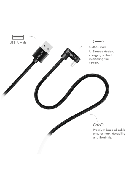 
CU0195 LOGILINK - Cable de  3,0m USB 2.0 0,48 Gbps  PD60W USB C Macho a USB-A Macho Negro Conector C 180º