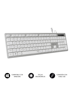 
SUBKBC-0EKE20 Teclado Ergonómico con cable USB Plano Silencioso Plata/Blanco. Conexión por cable USB Plug & Play con máxima p