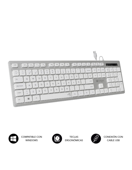 
SUBKBC-0EKE20 Teclado Ergonómico con cable USB Plano Silencioso Plata/Blanco. Conexión por cable USB Plug & Play con máxima p
