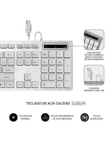 
SUBKBC-0EKE20 Teclado Ergonómico con cable USB Plano Silencioso Plata/Blanco. Conexión por cable USB Plug & Play con máxima p