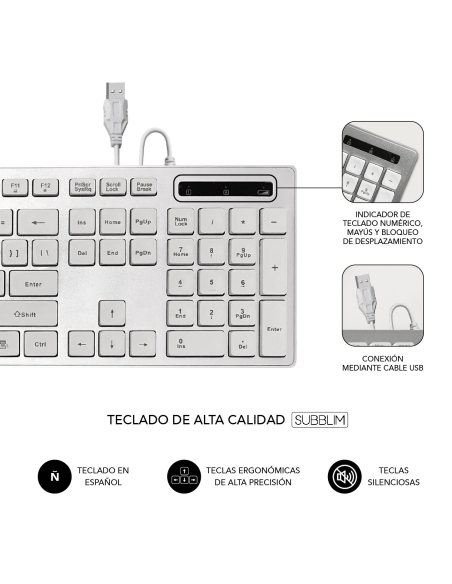 
SUBKBC-0EKE20 Teclado Ergonómico con cable USB Plano Silencioso Plata/Blanco. Conexión por cable USB Plug & Play con máxima p