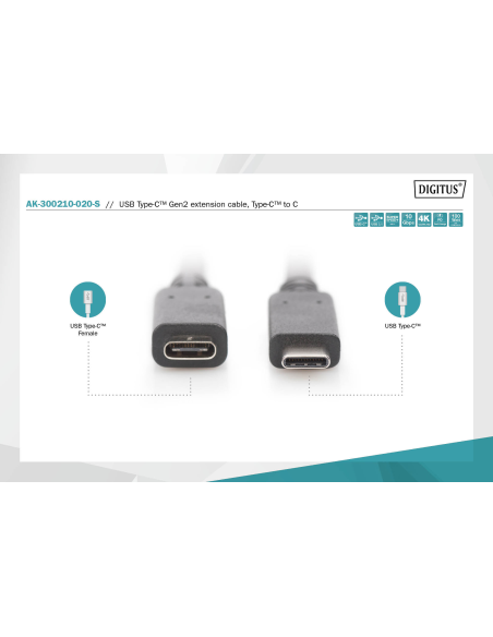 
AK-300210-020-S DIGITUS - Cable de 2.0 m USB 2.0 480 MB USB-C Macho-Hembra PD100W