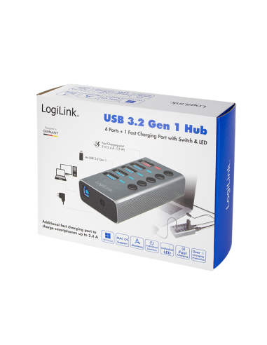 
UA0386 LOGILINK - Concentrador USB 3.2 Gen 1, 4 puertos + 1 puerto de carga rápida, interruptor de encendido/apagado