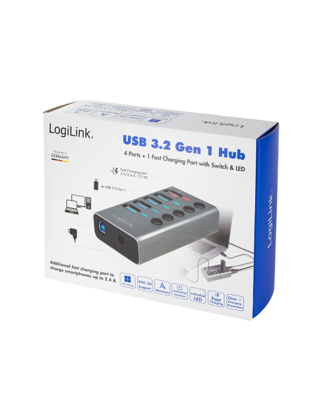 
UA0386 LOGILINK - Concentrador USB 3.2 Gen 1, 4 puertos + 1 puerto de carga rápida, interruptor de encendido/apagado