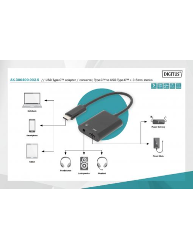 
AK-300400-002-S DIGITUS - Cable de Audio - USB-C Macho a USB-C Hembra- 3,5 mm Hembra Digitus